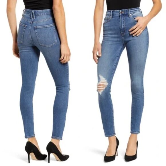 Good American Distressed Good Waist High Rise Skinny Ankle Jean Stretch Blue 28 - Picture 1 of 9